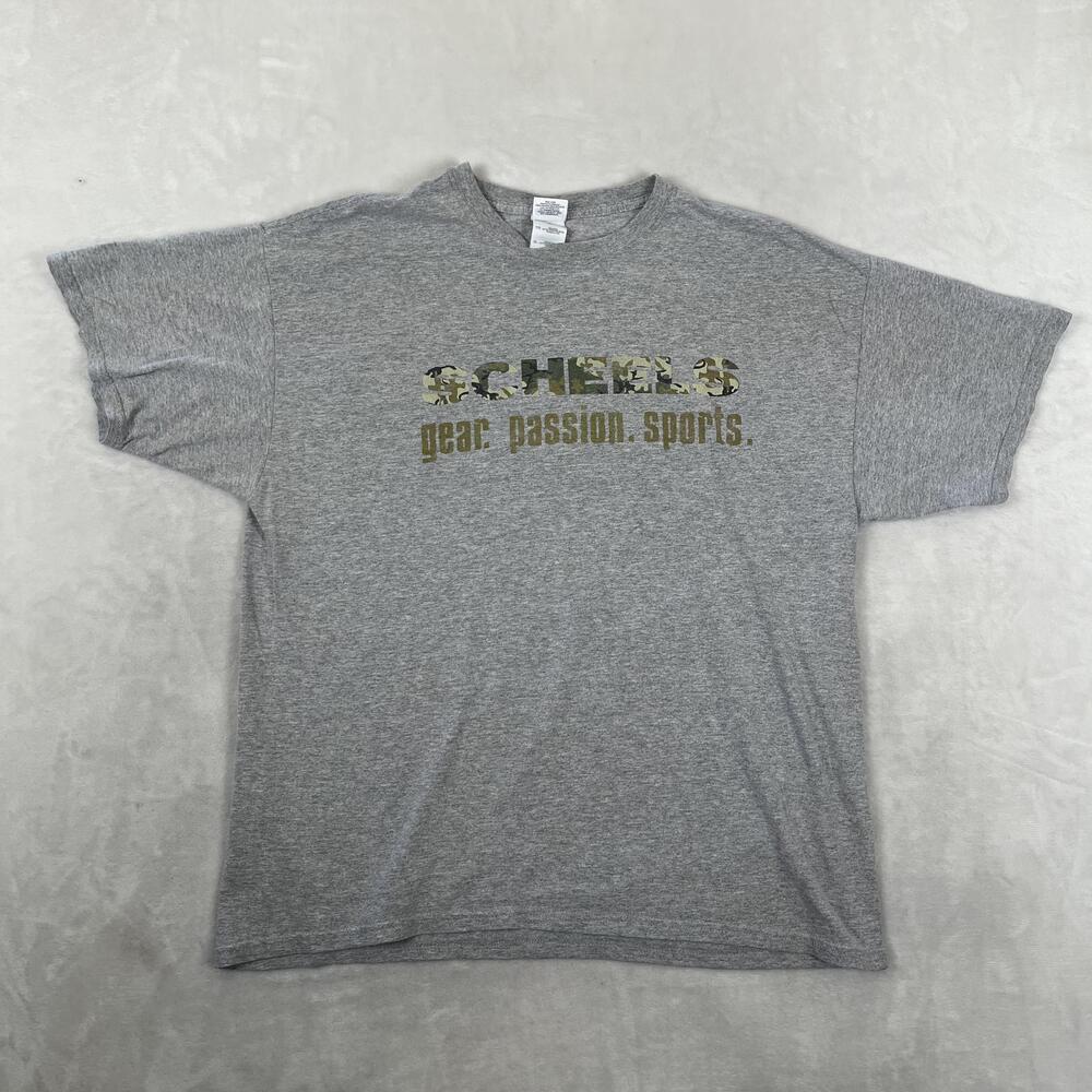Vintage Scheels T-Shirt Mens XL Gray Camo Logo Gear Passion Sports Outdoor Tee